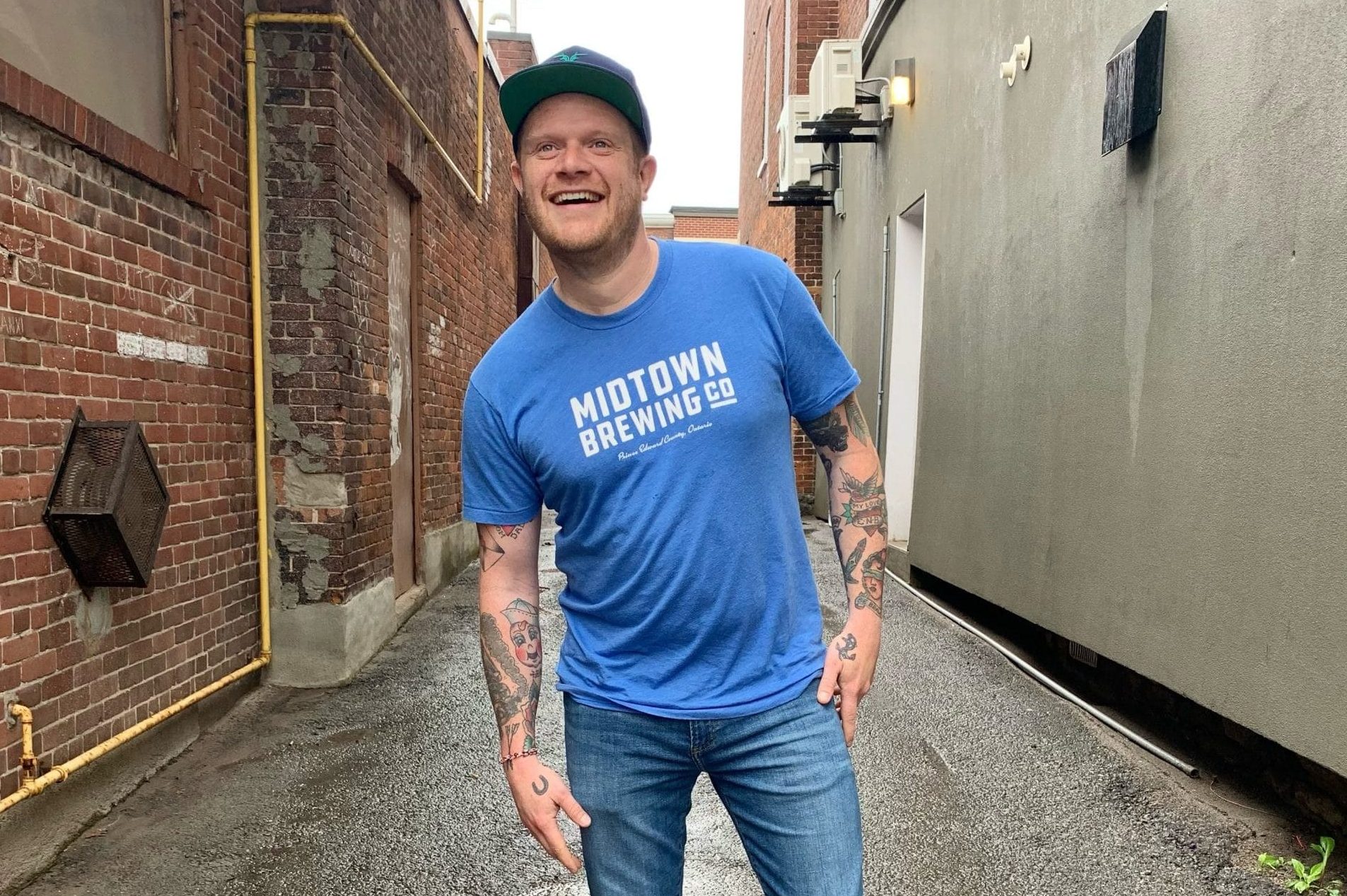 Chef Matt DeMille, wearing gear from Midtown Brewing Co and Idle Wild, Prince Edward County